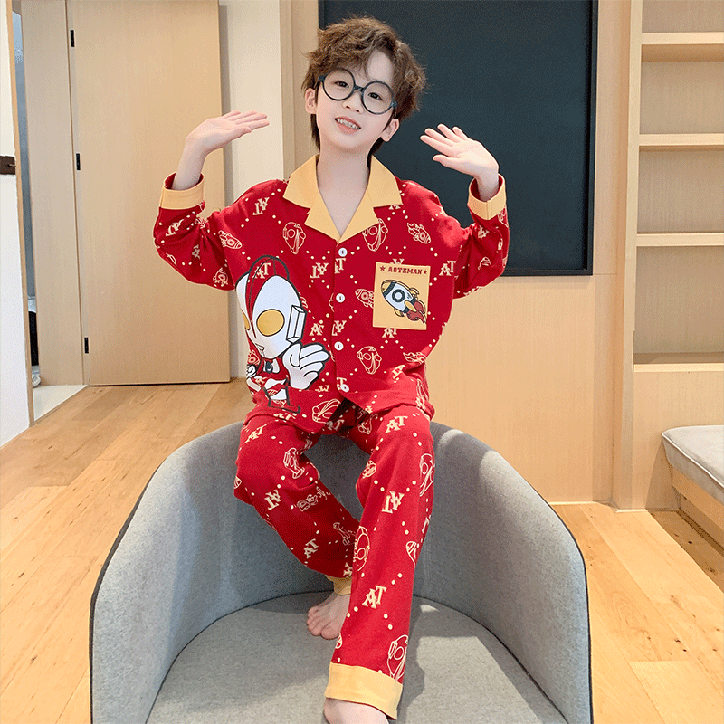 儿童睡衣男春秋季纯棉长袖红色喜庆本命年家居服大童小孩新年套装 yx