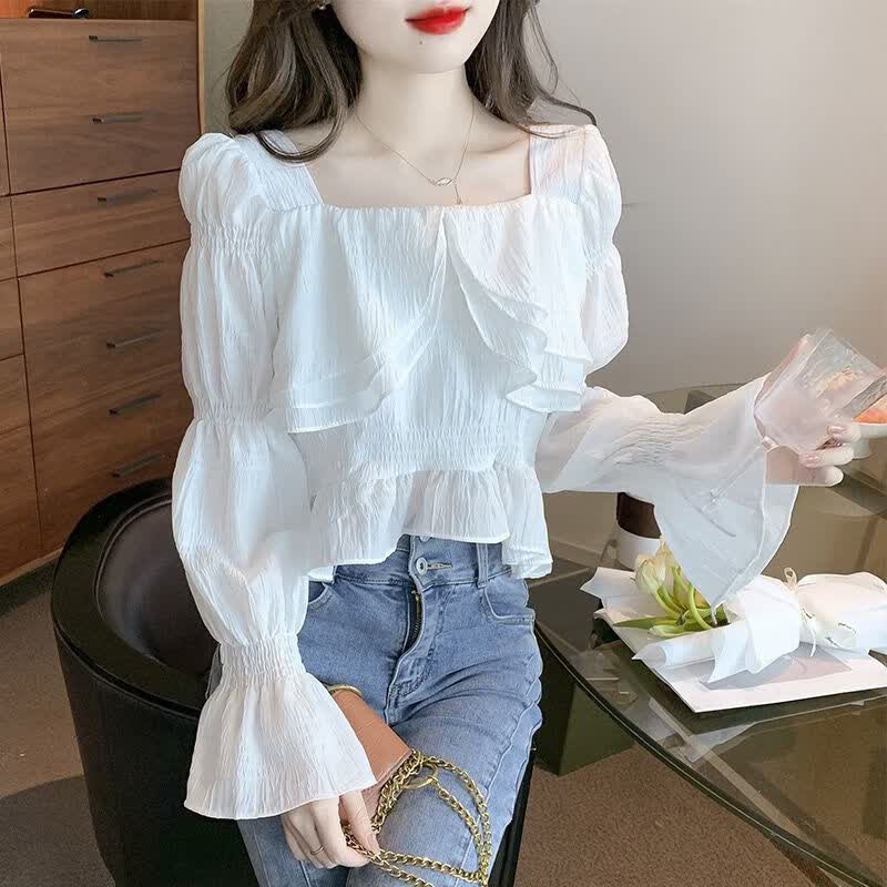tromlfz法式方领泡泡袖设计感早秋款雪纺衬衫女装秋装甜美风新款雪纺上衣 白色 M 100-110斤使用感如何?