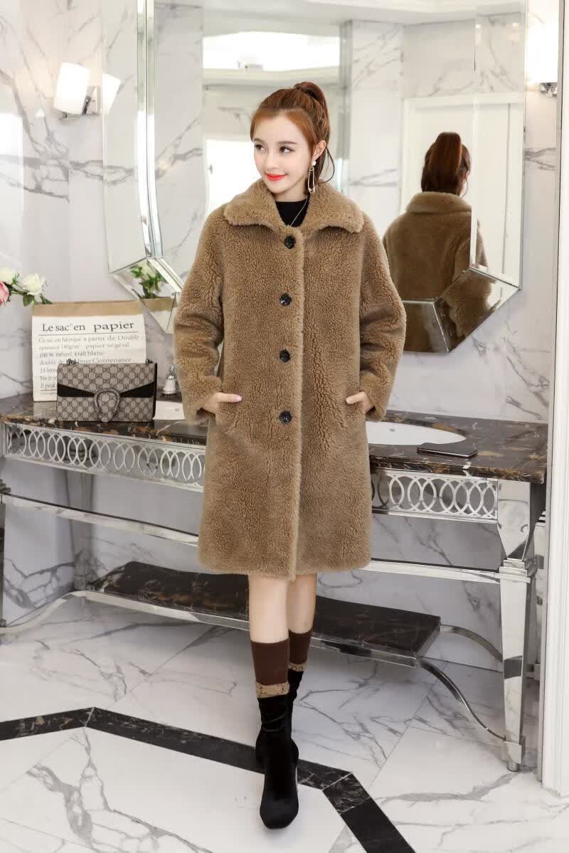 葛诺羊羔绒外套女中长款加绒加厚皮毛一体羊剪绒大衣女中长款廓形翻领