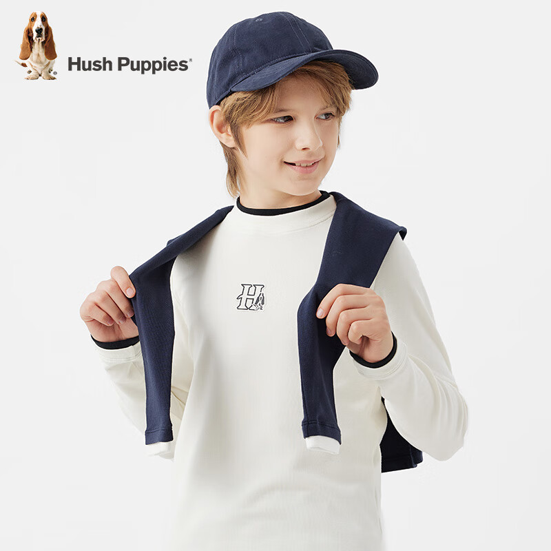 暇步士(Hush Puppies)【经典款】童装儿童男女大童秋季新款舒适气质休闲感打底衫 米白色 120 cm