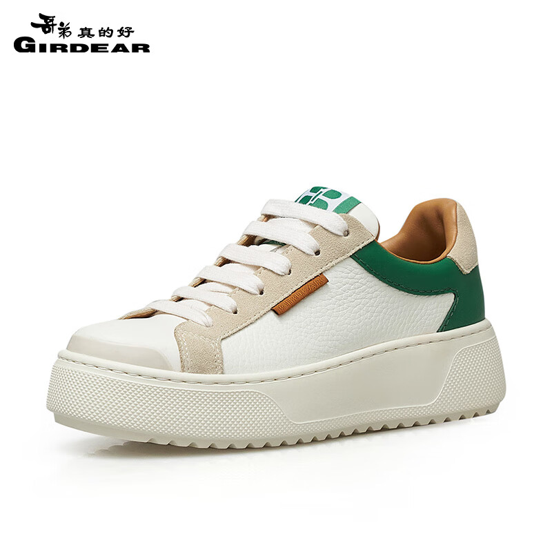 哥弟真的好女鞋压纹拼接厚底绑带板鞋休闲鞋ax12230 米灰绿 34
