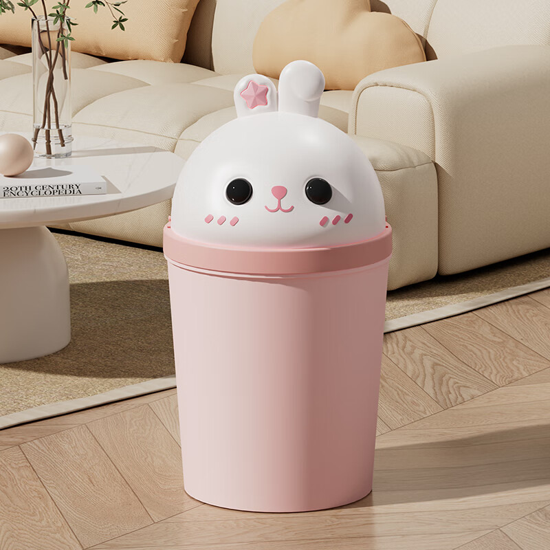 麦特拉赫萌兔卡通垃圾桶可爱女孩家用儿童卧室带盖客厅少女心创意垃圾篓 揭盖式 — 粉色萌兔垃圾桶 9L