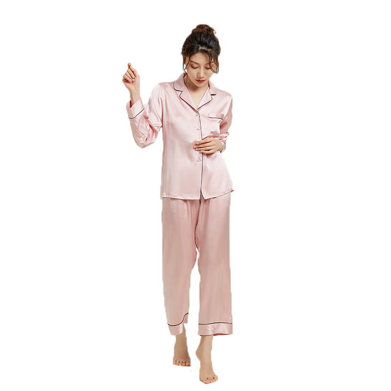 萬(wàn)事利春秋真絲睡衣女兩件套100%桑蠶絲長(zhǎng)袖套裝絲綢家居服 淳靜 櫻花粉 L
