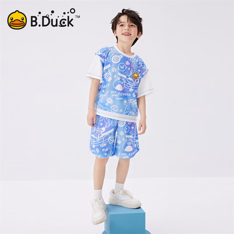B.Duck【套装】小黄鸭童装男童夏季运动套装儿童新款小男孩短袖短裤两件 海洋蓝 130 cm