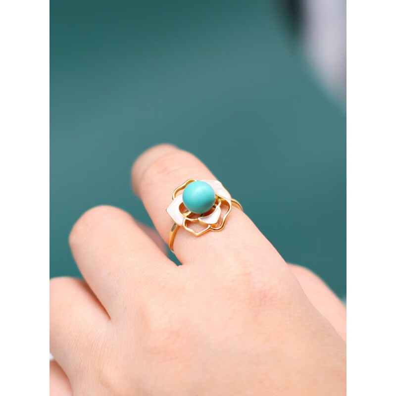 青鹊凰玫瑰花绿松石戒指 女小众设计复古风食指开口指环感 925银镀金