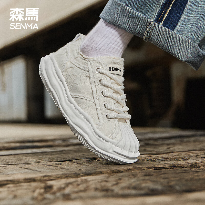 森馬情侣鞋男女同款运动帆布鞋厚底溶解鞋新款低帮贝壳头小白鞋女 米色 40