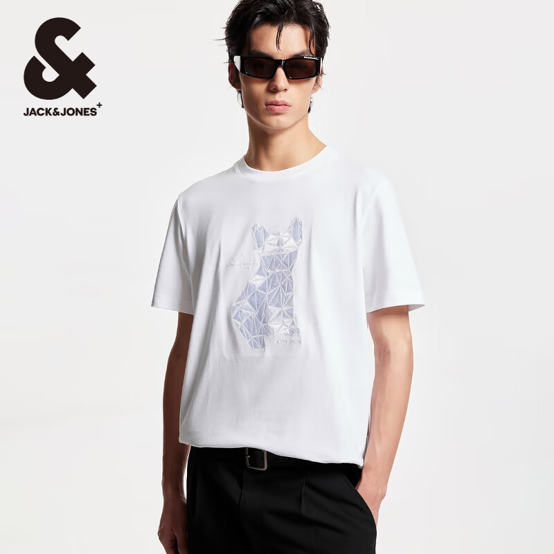 杰克·琼斯（JACK&amp;JONES）25年男装短袖t恤男夏季潮流纯棉休闲半袖T恤男士法斗犬重磅刺绣
 A06本白色 常规 XL