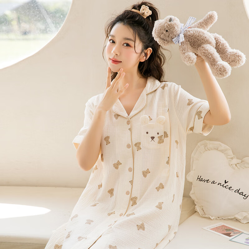 家の時(shí)光（Ht-home）月子服純棉夏季薄款紗布孕婦睡衣女懷孕期產(chǎn)婦產(chǎn)后哺乳衣家居服 【縐布睡裙】米色小熊 L碼 推薦125-145斤