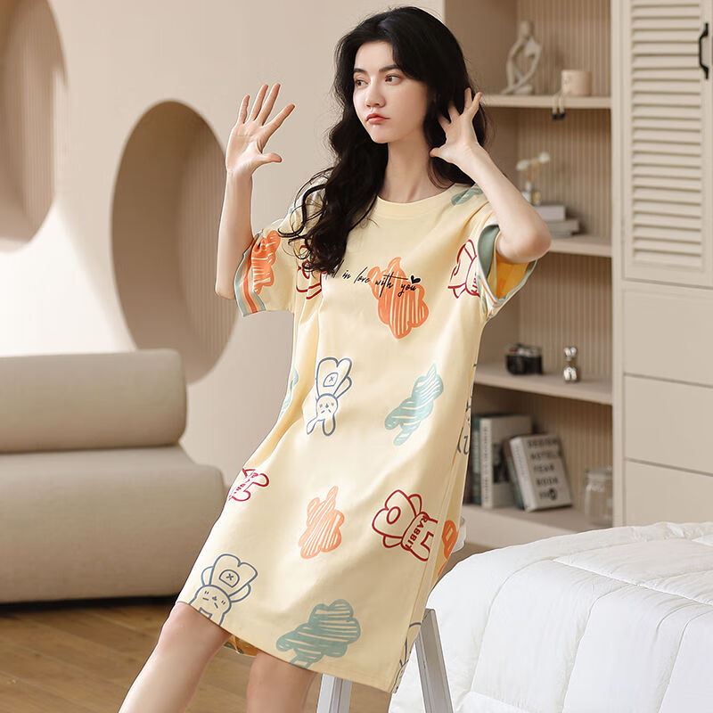 wcz罗丽丝睡衣女神睡衣女夏短袖睡裙宽松薄款圆领韩版大码孕妇 3110 m