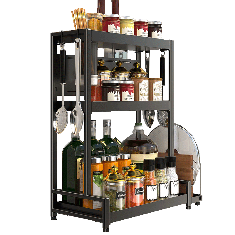 MAXCOOK美厨 厨房置物架 调料瓶架调味架筷子架刀架砧板架收纳架多功能收纳置物架 带挂钩筷子筒 3层40cm-筷筒+刀槽+砧板架+挂钩