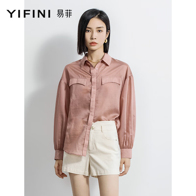 易菲(yifini)宽松长袖薄款衬衫女春季新款落肩百搭时尚上衣2107c906