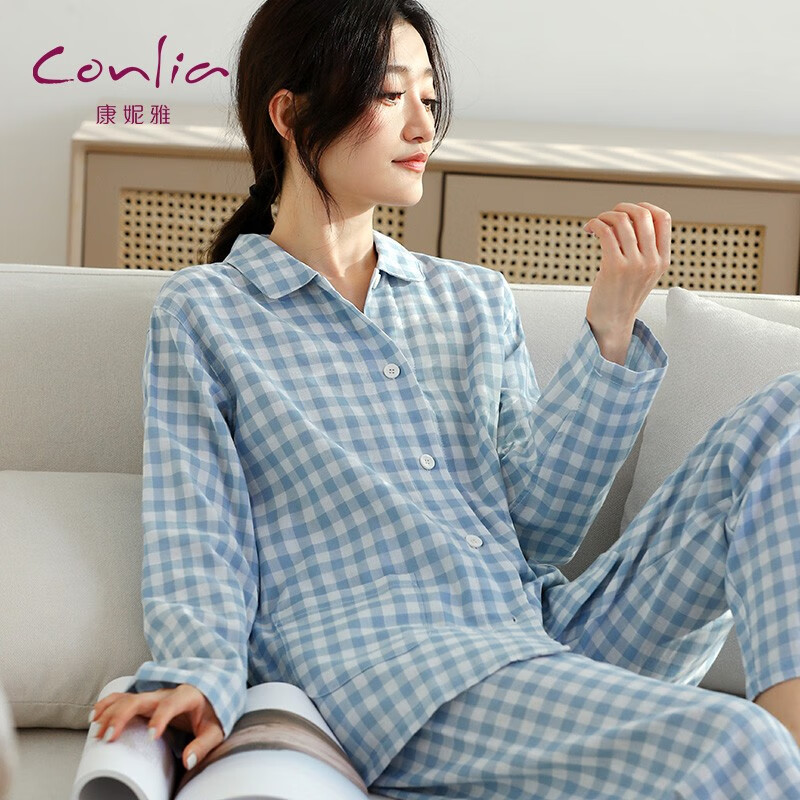 康妮雅（Conlia）睡衣女春秋季纯棉双层纱女士家居服长袖经典格子休闲套装可外穿 蓝白格（春秋薄款） XL
