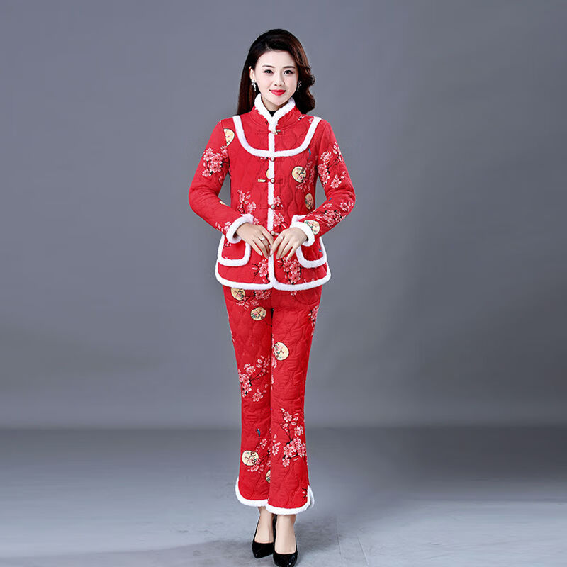lanweifeilei冬季套装棉服棉袄女加绒加厚民族风唐装碎花棉衣棉裤
