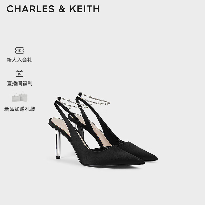 CHARLES&KEITH24夏新品亮钻链条腕带尖头高跟凉鞋女CK1-60280436 BLACK TEXTURED黑色纹理 38