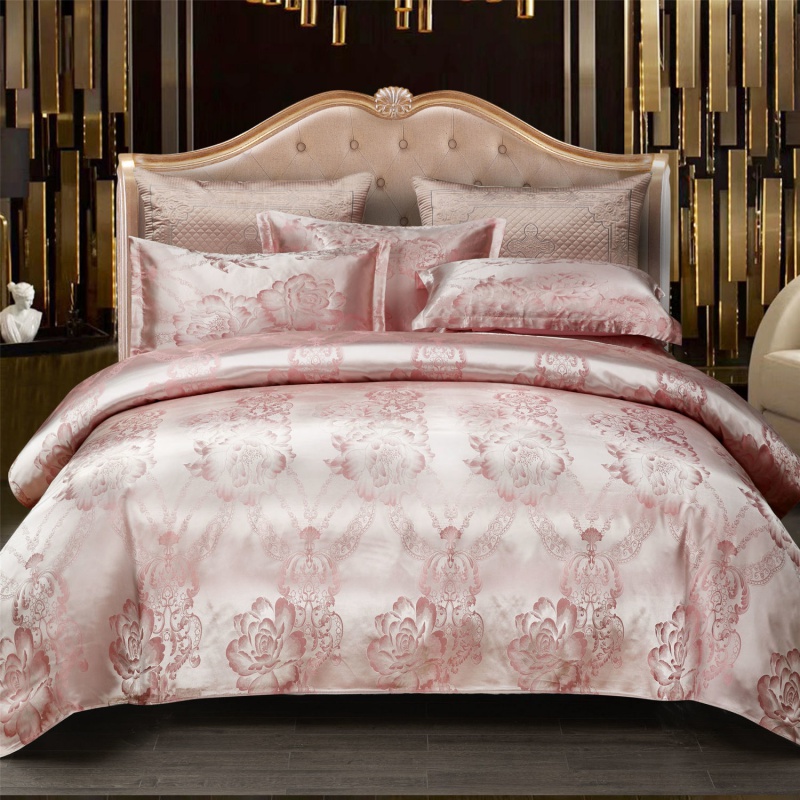 高端欧式提花四件套床上用品床单被套双人婚庆床品被罩 花香娇媚-粉金 1.2米床三件套被套150*200