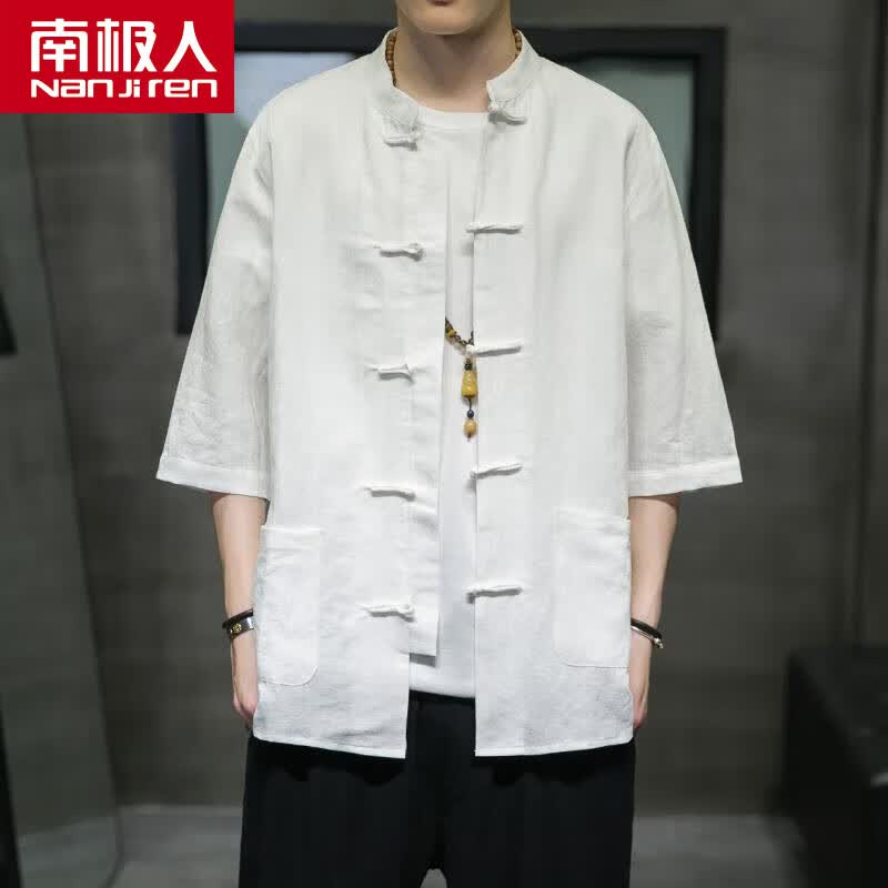 南极人中国风棉麻衬衫男短袖夏季复古中式盘扣立领唐装男士汉服上衣禅服 白色1807 XL怎么看?