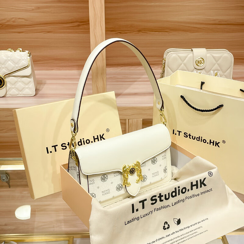 mospoke香港品牌女包腋下包女小方包单肩斜挎小包包秋冬新款潮 米白色