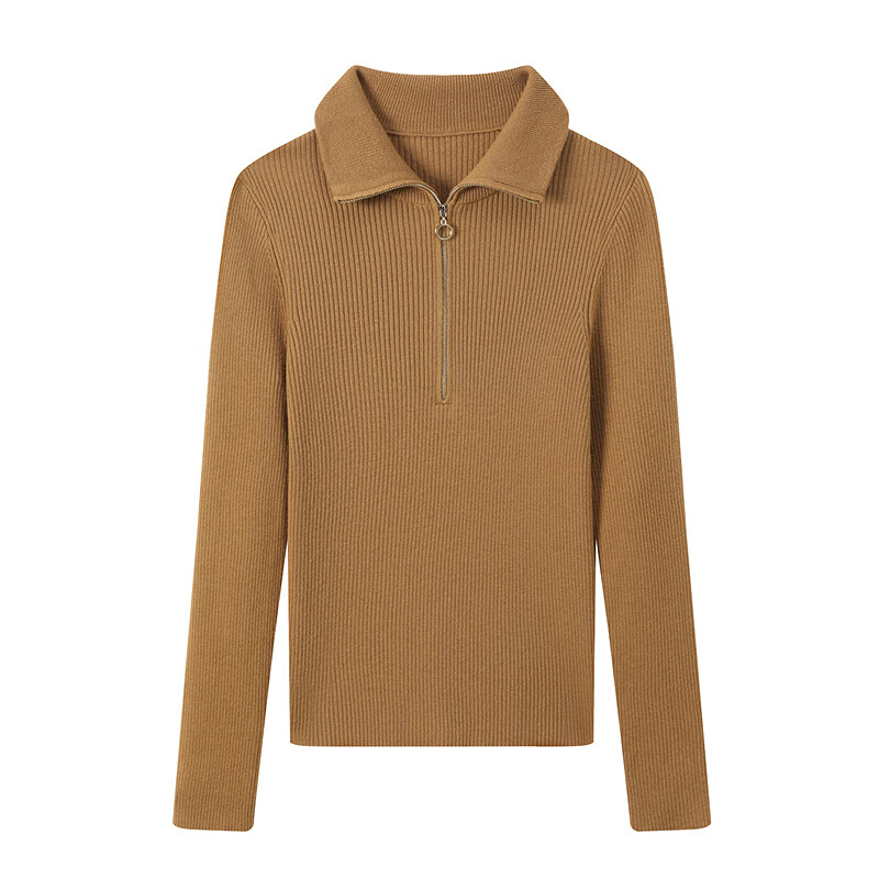 恒源祥弹力修身羊毛衫女冬季新款拉链翻领套头毛衣休闲纯色内搭针织衫女 中星驼 M /165/88A