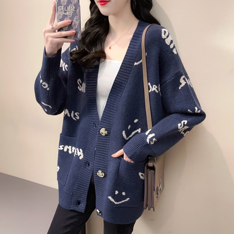 记述新款秋冬女装开衫韩版慵懒风宽松针织外套v领百搭女士毛衣女 藏青