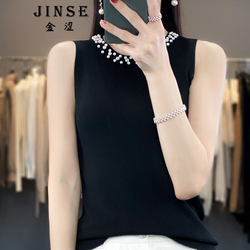 金涩js小背心女羊毛背心女款外穿 珠珠镶嵌无袖针织背心女内搭显瘦