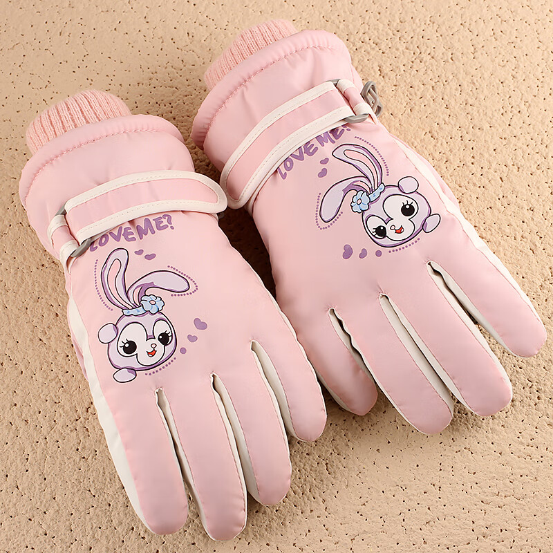 火炬人儿童手套防寒4-8岁加绒加厚卡通女童滑雪保暖手套3315粉色