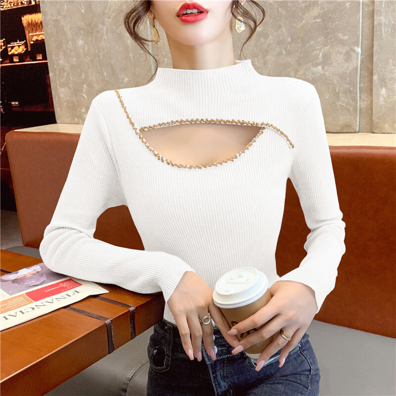 香影芬半高领毛衣女2025年新款秋冬洋气时髦时尚性感钉珠镂空针织打底衫 白色 S (建议95斤以内)