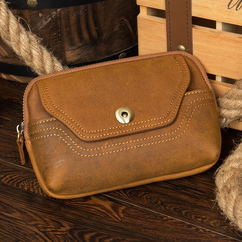 瑟俐复古牛皮腰包男士斜挎包头层牛皮腰包手机包 竖款深棕色