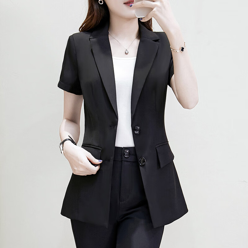 加肥加大码胖妹妹女士正装西装套装夏薄款短袖外套女200斤修身中长款
