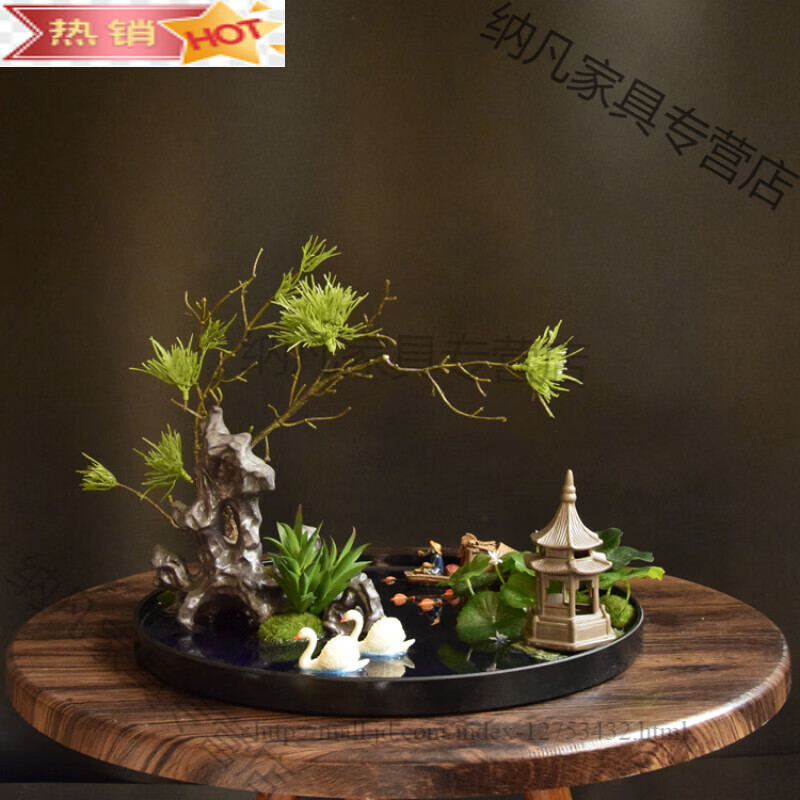 拓进中式禅意意境摆件大圆桌转盘装饰花艺摆设酒店餐桌台花仿真微景观