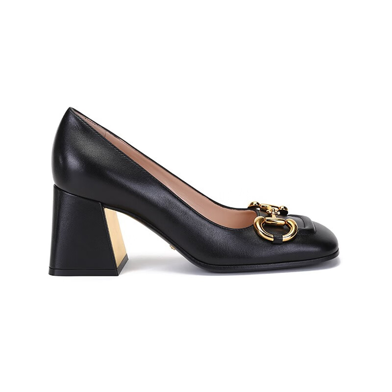 gucci 女士皮革方头粗跟高跟鞋皮鞋 643886 c9d00 1000 黑色马衔扣