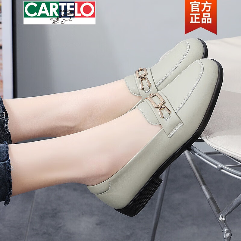 卡帝乐鳄鱼（CARTELO）2026年真皮豆豆鞋女单鞋春秋平底小皮鞋浅口百搭休闲妈妈优雅女鞋 黑色蝴蝶结-215 38