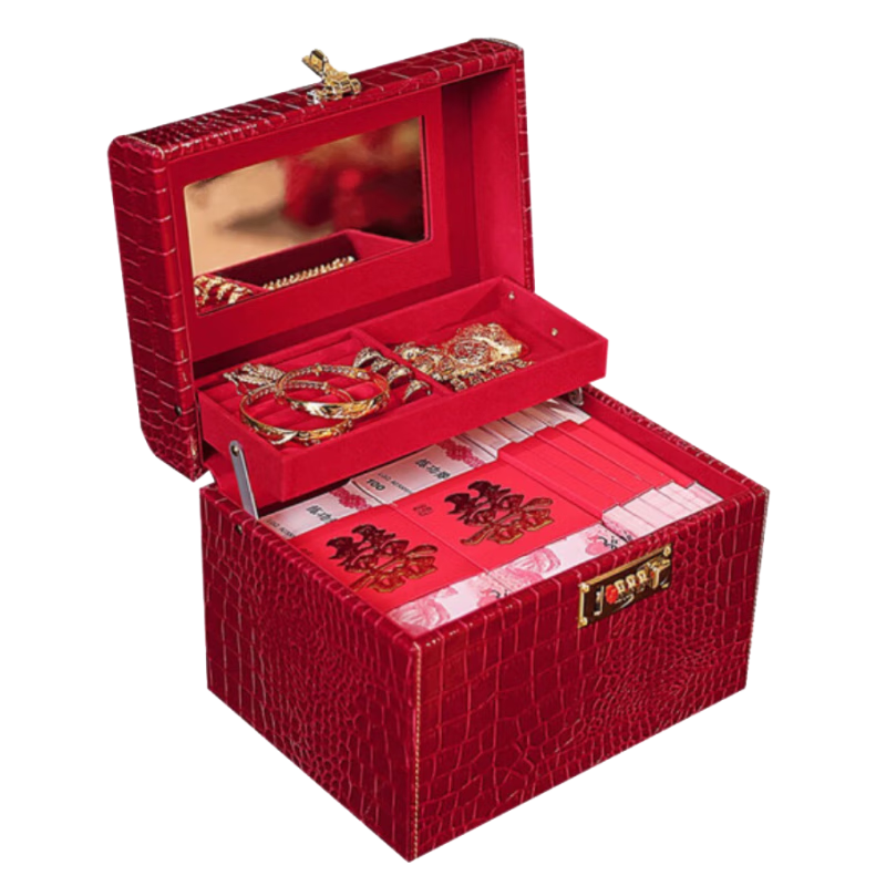 小吉丁結婚箱子陪嫁箱紅色皮箱首飾盒結婚用的彩禮箱10萬禮金手提密碼箱 酒紅色 大號+30個錢套【可裝22萬】