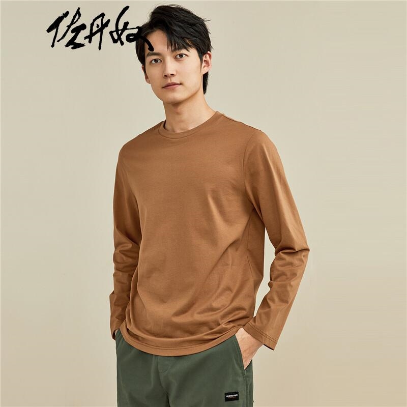 佐丹奴(giordano)男装 t恤棉质纯色圆领长袖t恤01021820 84棕色