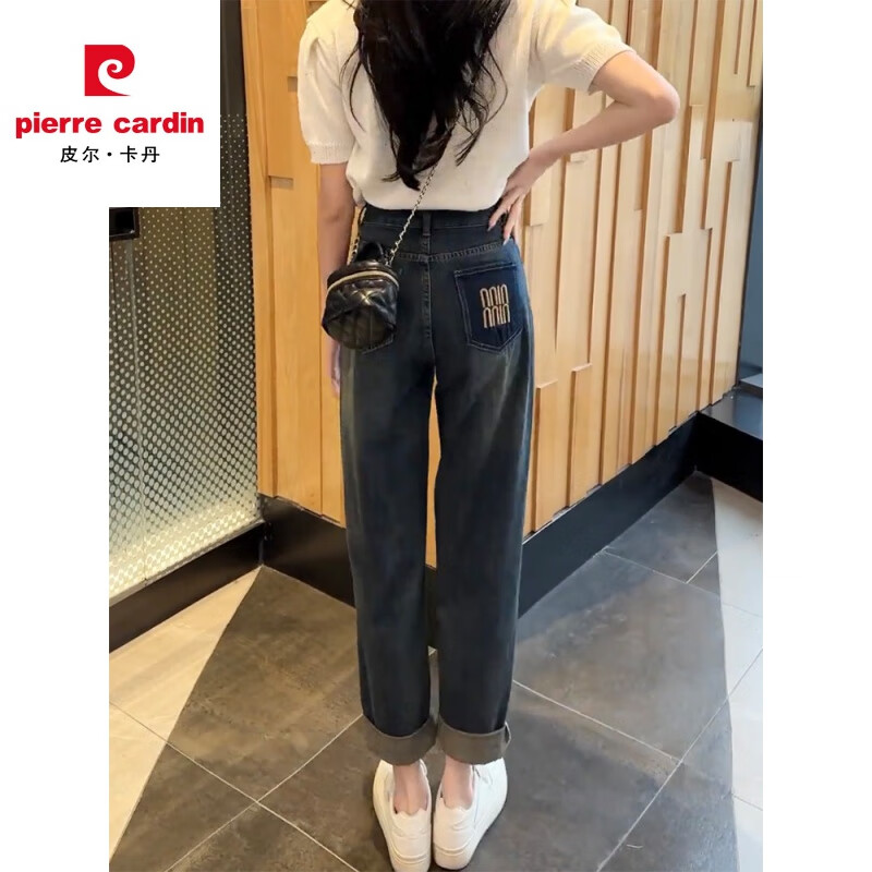 皮尔卡丹哈伦牛仔裤女秋冬新款梨形身材宽松遮胯显瘦大码萝卜裤高腰老爹裤 水泥灰【加绒加厚】 XL 【125-140斤】