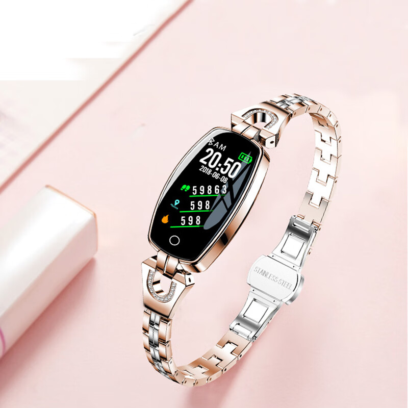 ZARKS运动手环智能手环女心率睡眠健康监测计步器蓝牙连接安卓通用情侣表防水健康手环适用于华为苹果 H8玫瑰金【电话提醒，微信提醒，女性钢带智能手表~