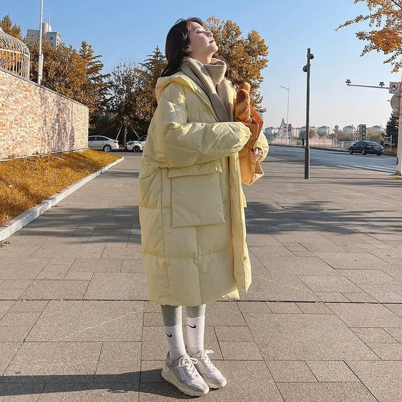 相伊恋人羽绒棉服女25年秋冬季中长款加厚棉衣外套新款宽松棉袄学生面包服 奶黄色 M 【适合100-120斤】