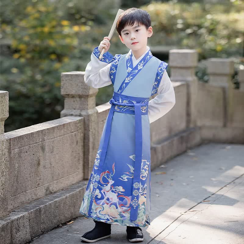 瑄妮薇汉服男童女童新款儿童国学服书童古装中国风唐装女朗诵演出服 鹿云山蓝色-男款  110cm怎么看?