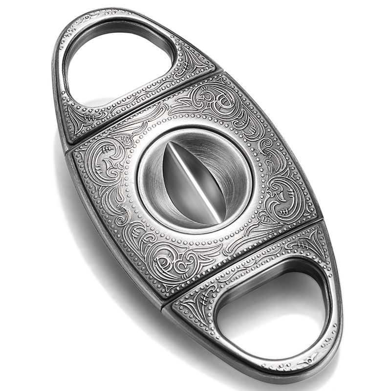 茄皇(cigarking)雪茄剪便携式双刃不绣钢刀刃雪茄钳v型锋利精美雕花