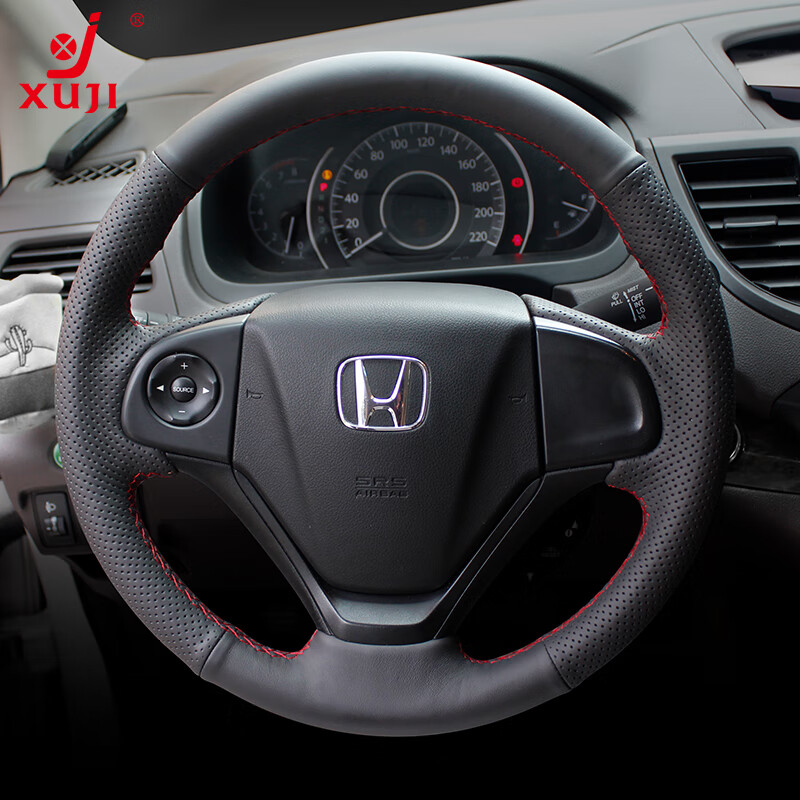 徐记适用本田CRV思域 雅阁XRV型格 皓影 缤智方向盘套URV英仕派手缝 黑皮侧孔-红线 告知车型即可定制