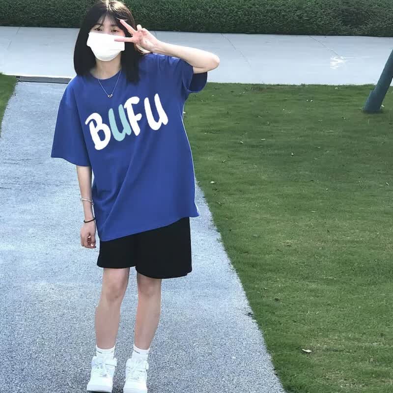 克莱因蓝女学生宽松t恤 休闲短裤网红穿搭一整套 bufu蓝短袖 黑色短裤