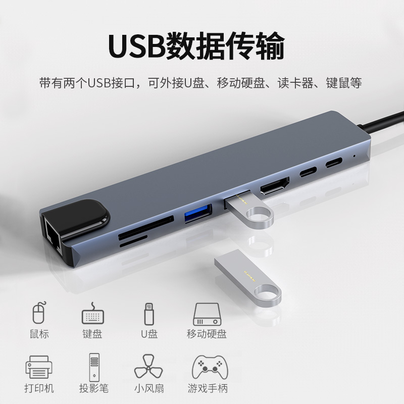 Gopala Type c扩展坞USB-C转HDMI拓展坞雷电4转换器网口分线器通用MacBo 8IN1多功能扩展坞4k60hz+网口