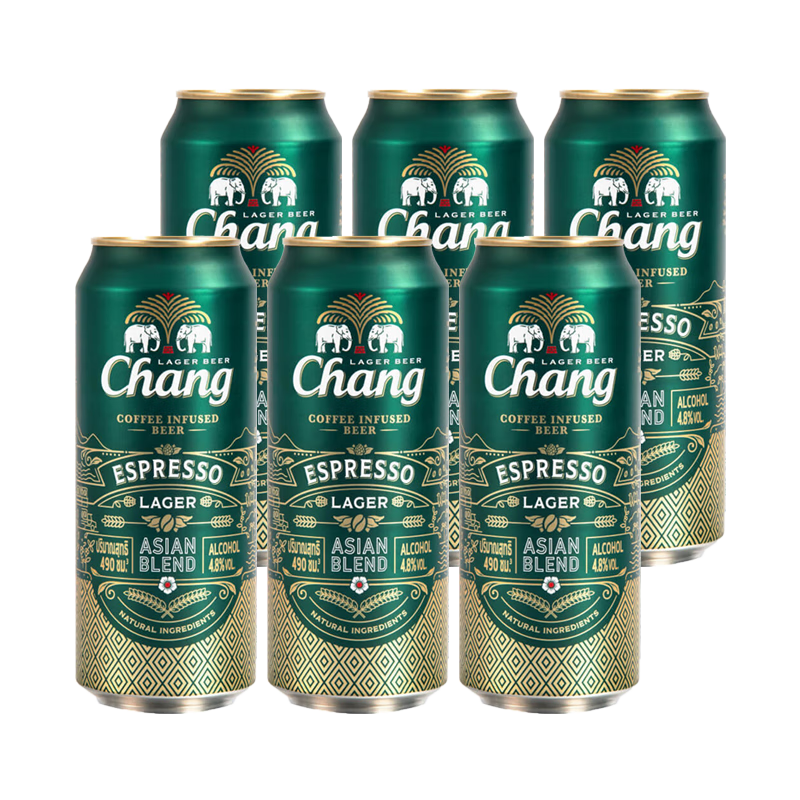 泰象（Chang）泰國原裝進口 雙象象牌 泰國大象啤酒 咖啡拉格啤酒瓶裝整箱 泰象咖啡風味490ml*6罐