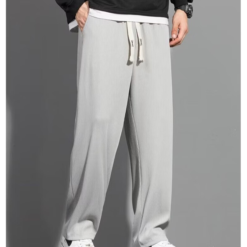 华夫格裤子男款春夏季休闲裤男士潮牌运动夏装垂坠感阔腿直筒长 灰色
