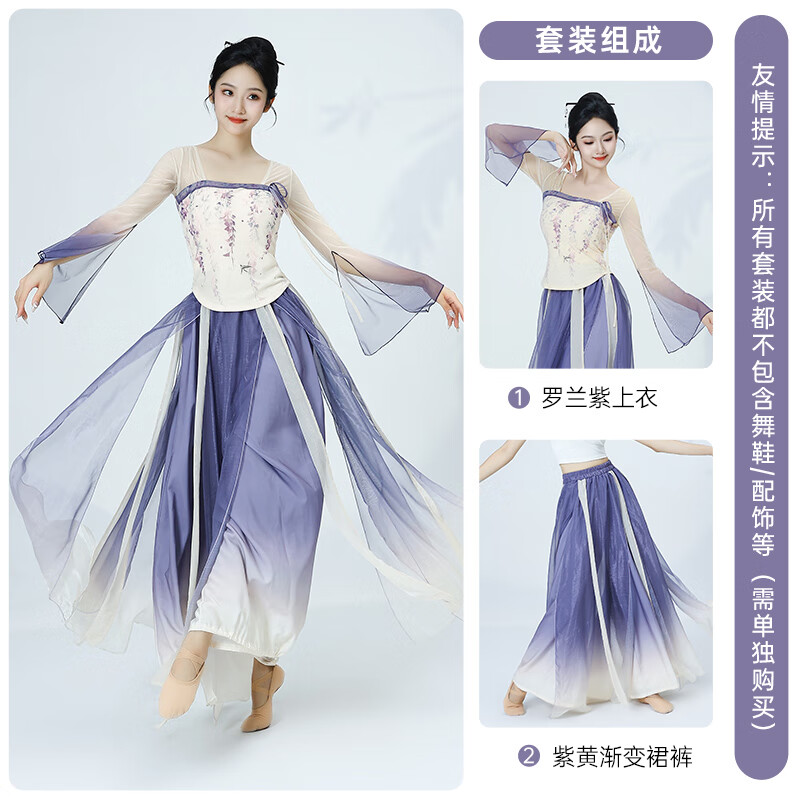 善然堂春夏新款漢唐古典舞蹈服裝中國(guó)舞紗衣飄逸靈動(dòng)練功服演出服 S1281紫上衣+X1301紫黃漸變?nèi)寡?2XL