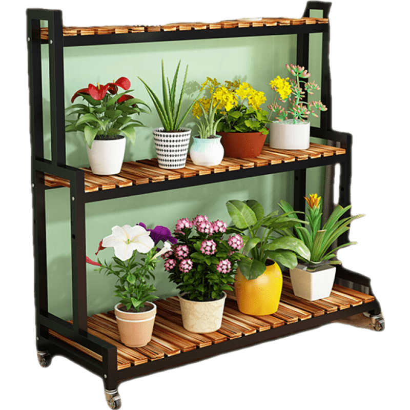 铁丫 实木铁艺花架多层落地式客厅布置户外落地阶梯架多肉阳台置物架花盆架子 两层长80高65碳化色黑架《升级层高可调节》