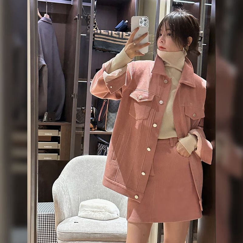 加绒加厚大码胖mm甜美小香风加绒上衣半身裙套 小菊粉短裙套装加绒款