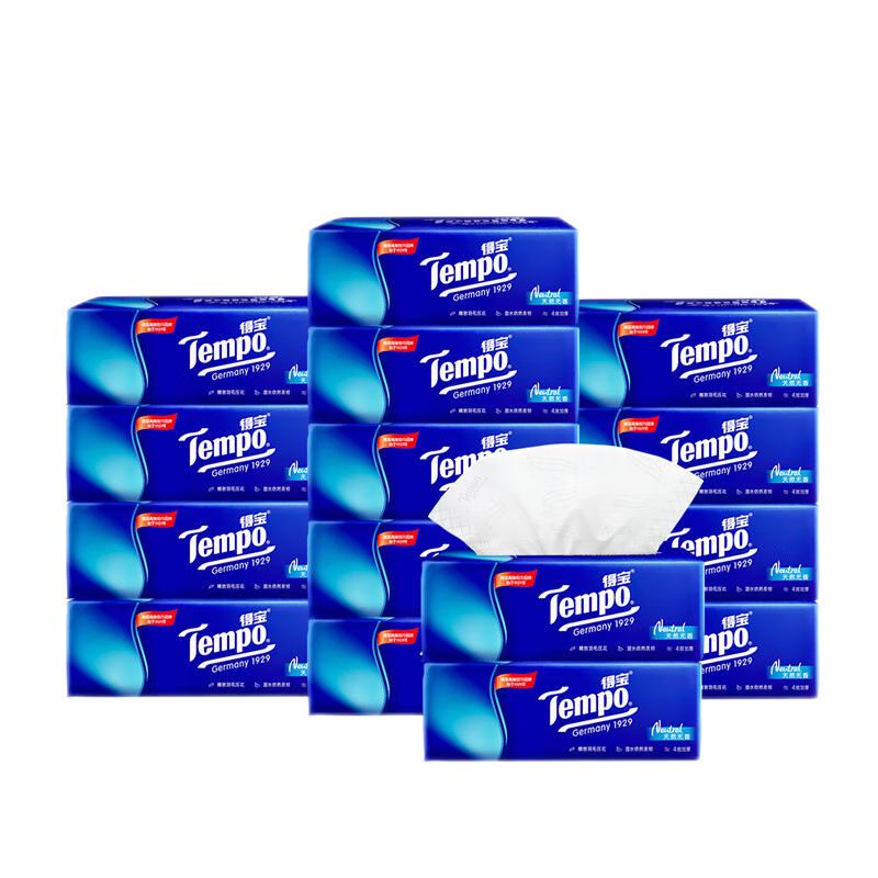 得宝Tempo得宝纸巾抽纸整箱天然无香软抽擦手纸4层90抽15包餐巾纸家用 经典无香抽纸 4层 90抽*15包