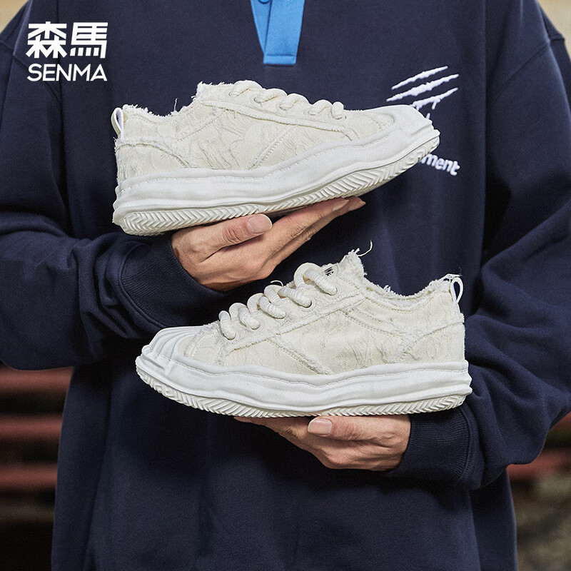 森馬情侣鞋男女同款运动帆布鞋厚底溶解鞋新款低帮贝壳头小白鞋女 米色 40