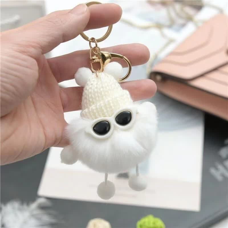 发货新獭兔毛小煤球毛绒挂件可爱汽车钥匙扣手机包包挂饰礼物 白色 带