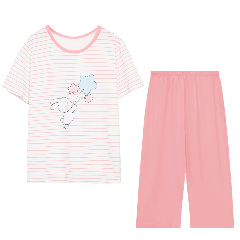 紅豆居家（Hodohome）兒童睡衣女童夏季純棉套頭家居服短袖七分褲空調服套裝308粉165